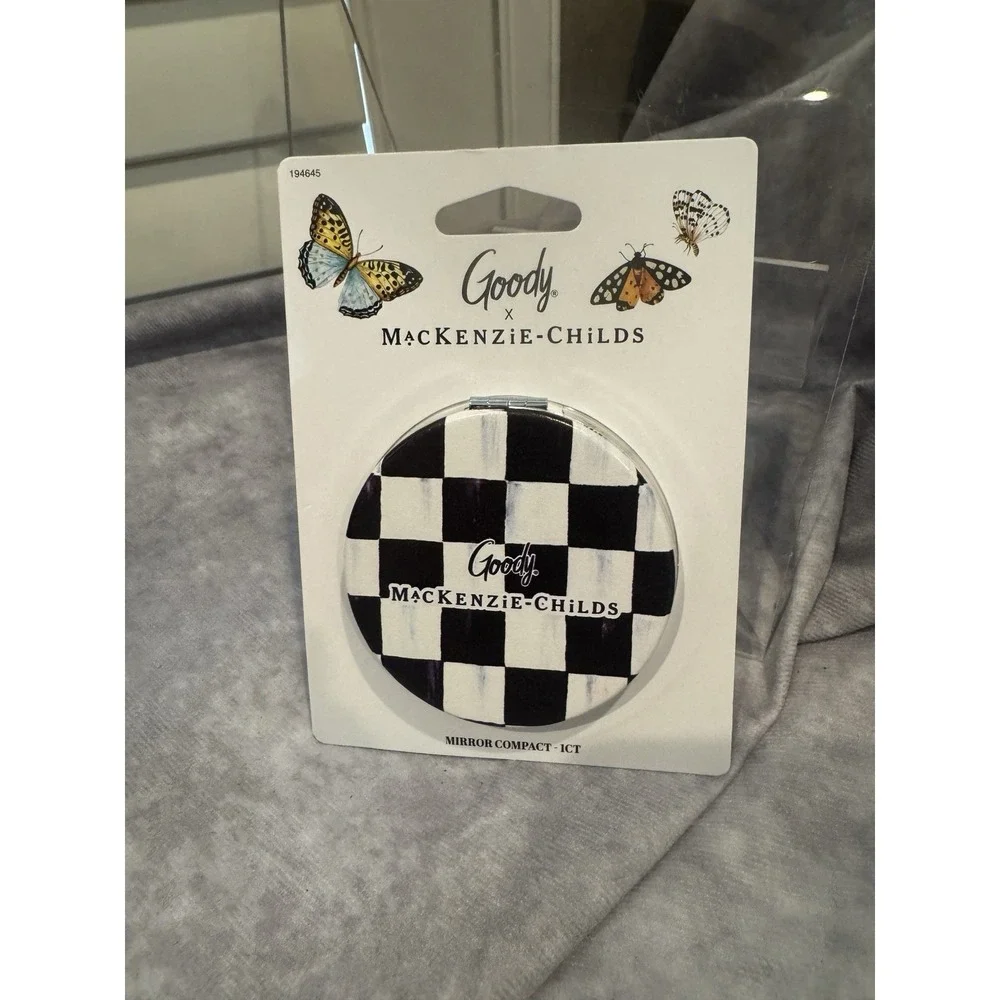 Mackenzie Childs Goody Mirror Compact New Black And White Courtly Checks